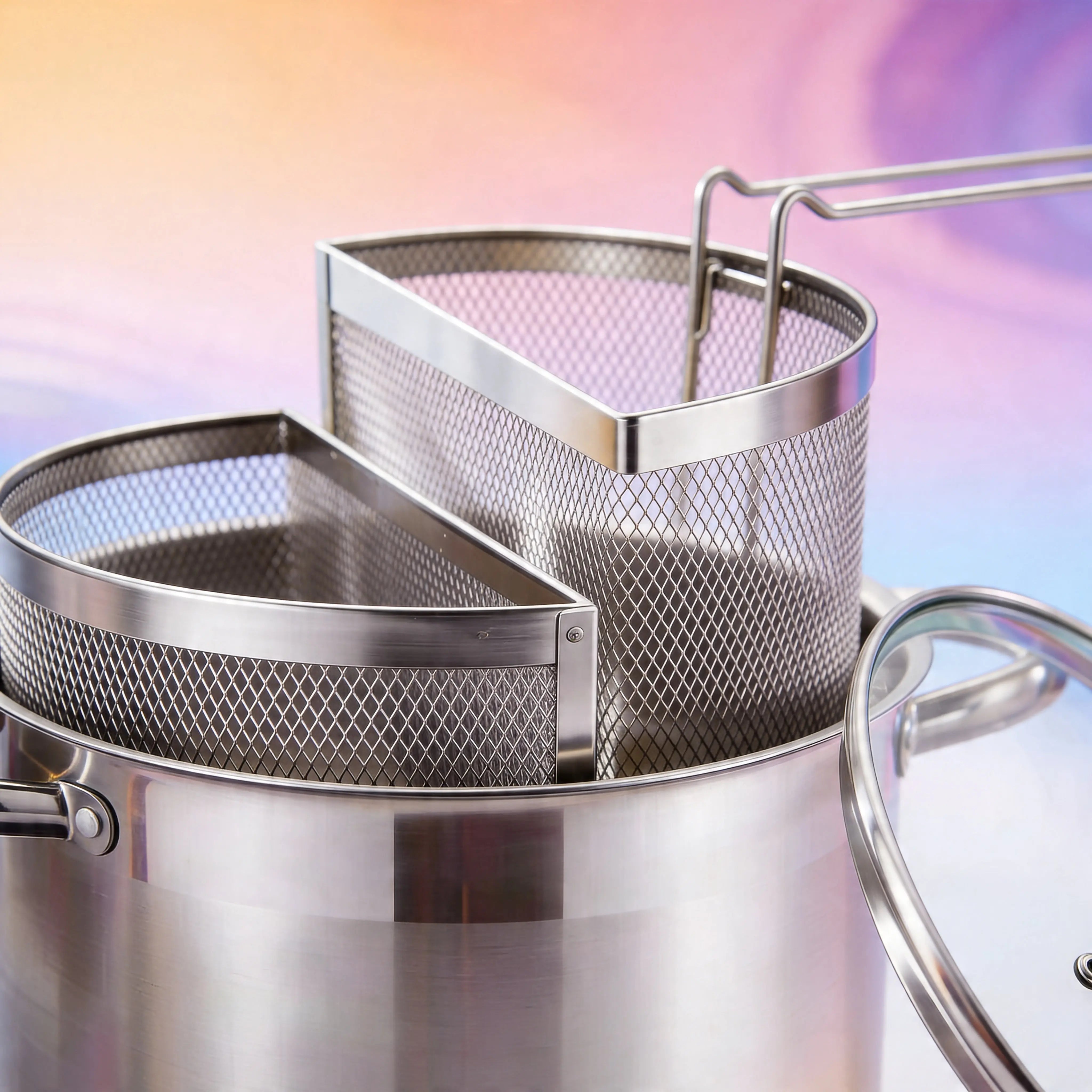 Pentola Doppio Cestello 6 Litri- Acciaio Inox 18/10, 2 Cestelli Estraibili, Coperchio Vetro, Fondo Triplo Induzione Uè Shop