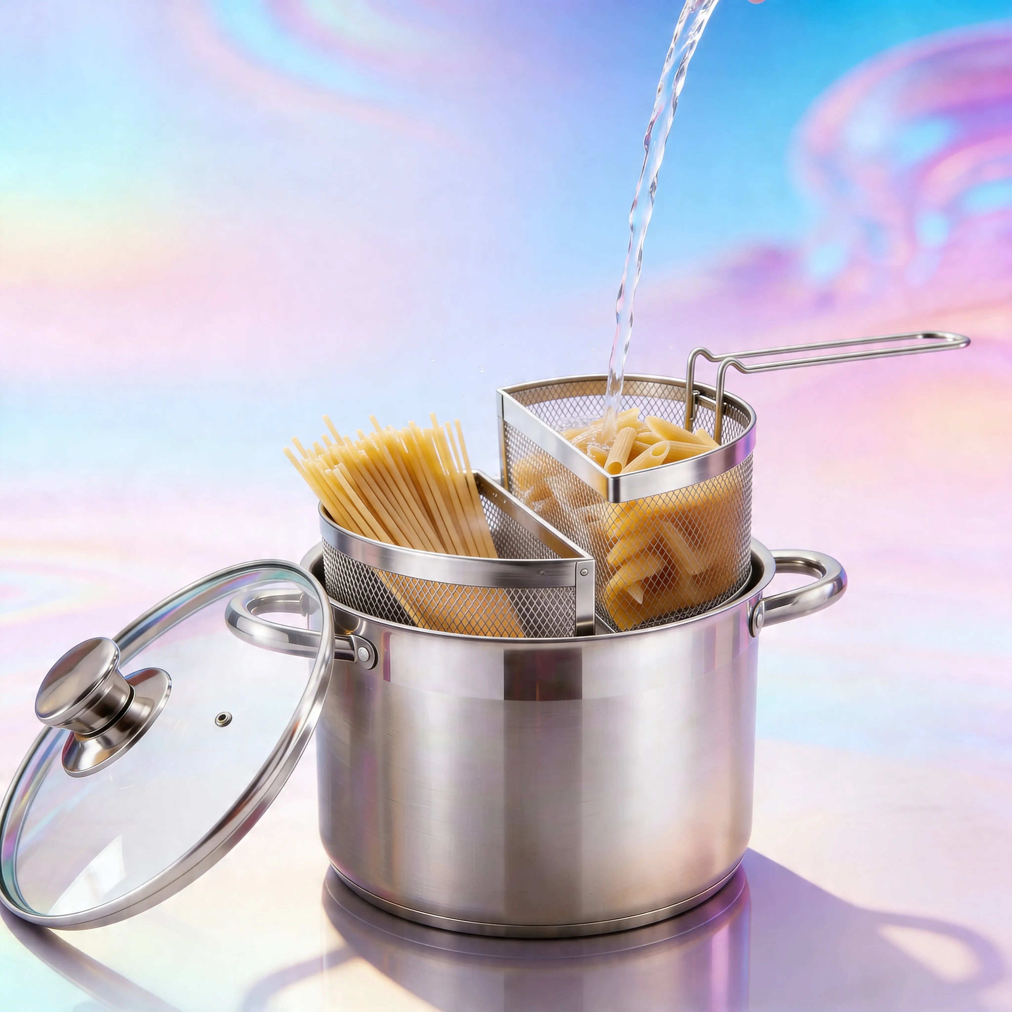 Pentola Doppio Cestello 6 Litri- Acciaio Inox 18/10, 2 Cestelli Estraibili, Coperchio Vetro, Fondo Triplo Induzione Uè Shop