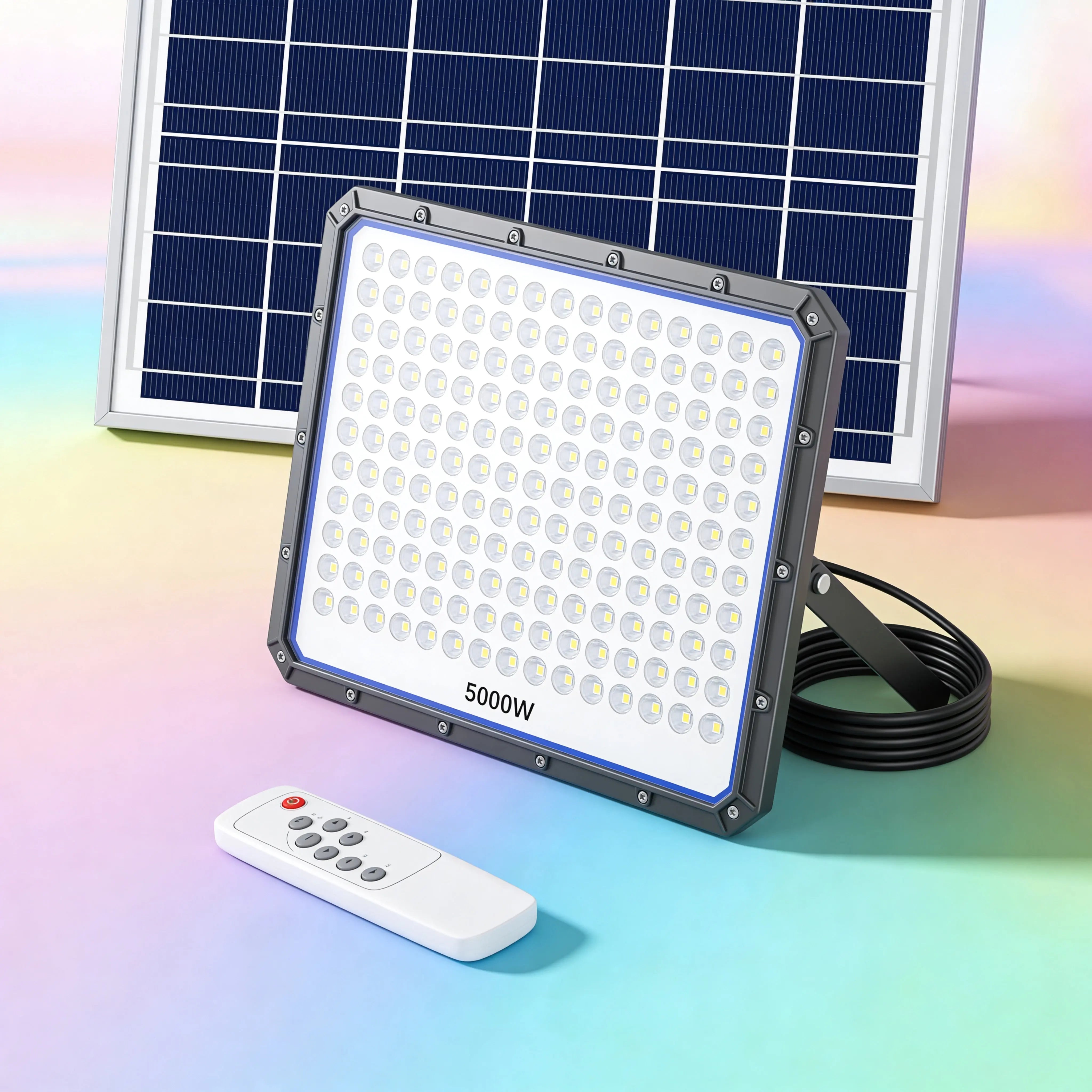 Faro Solare LED 5000W con Pannello Solare, 320 LED Ultra Luminosi, Luce Bianca Fredda 6500K, Telecomando Incluso, IP66 Impermeabile, Autonomia fino a 12 Ore Uè Shop