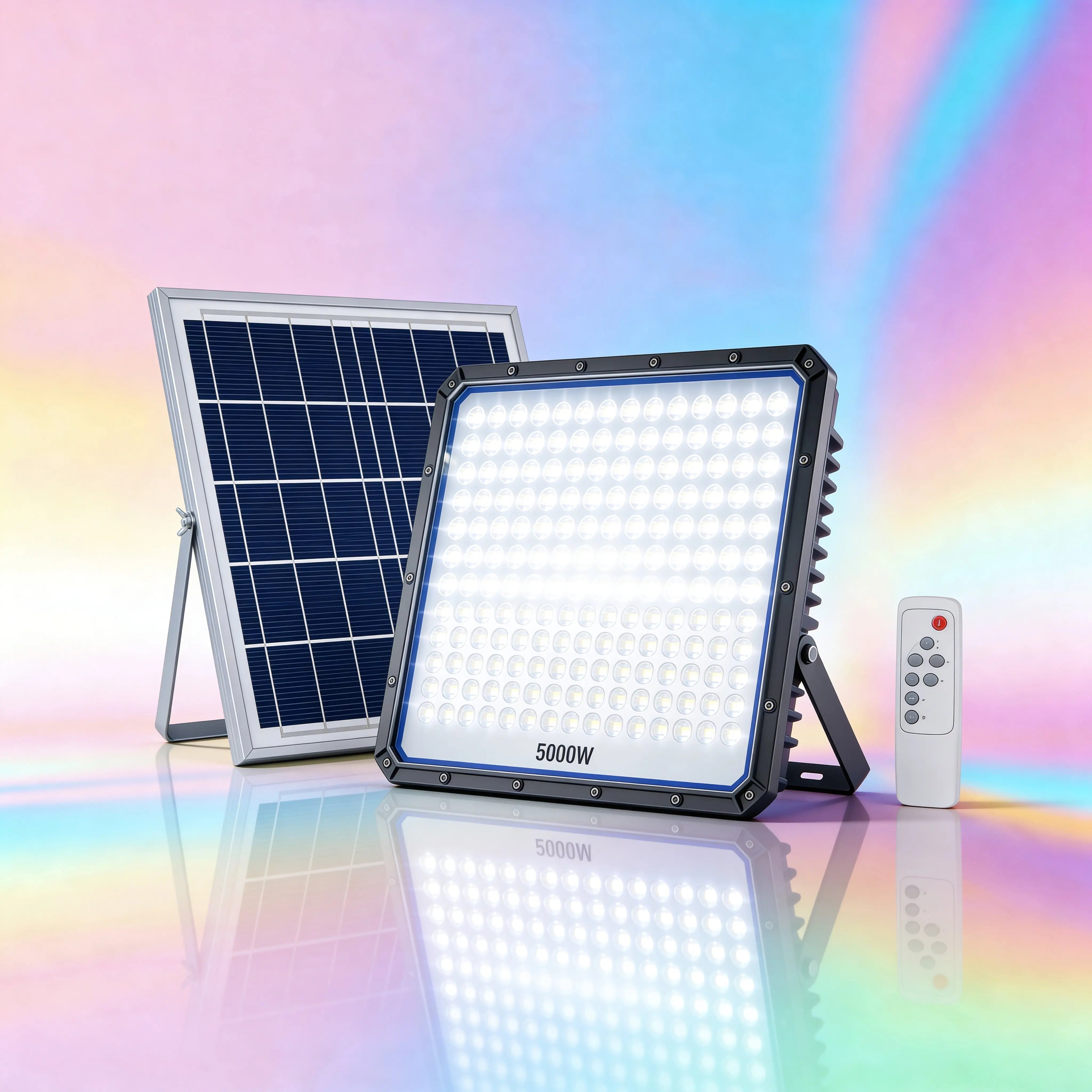 Faro Solare LED 5000W con Pannello Solare, 320 LED Ultra Luminosi, Luce Bianca Fredda 6500K, Telecomando Incluso, IP66 Impermeabile, Autonomia fino a 12 Ore Uè Shop
