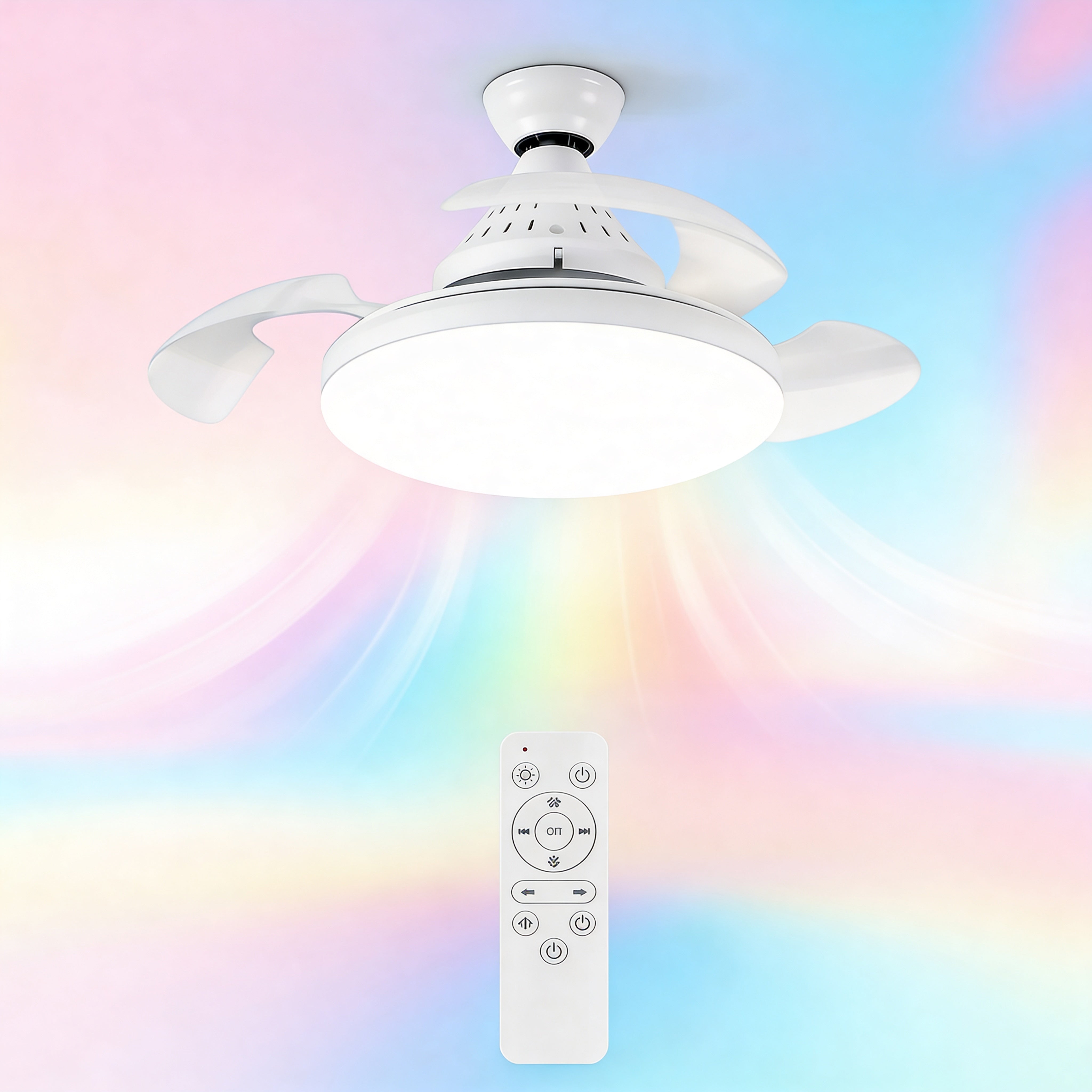 Ventilatore da soffitto LED con telecomando. Silenzioso, pale pieghevoli, 3 velocità, luce regolabile E27, installazione rapida Uè Shop