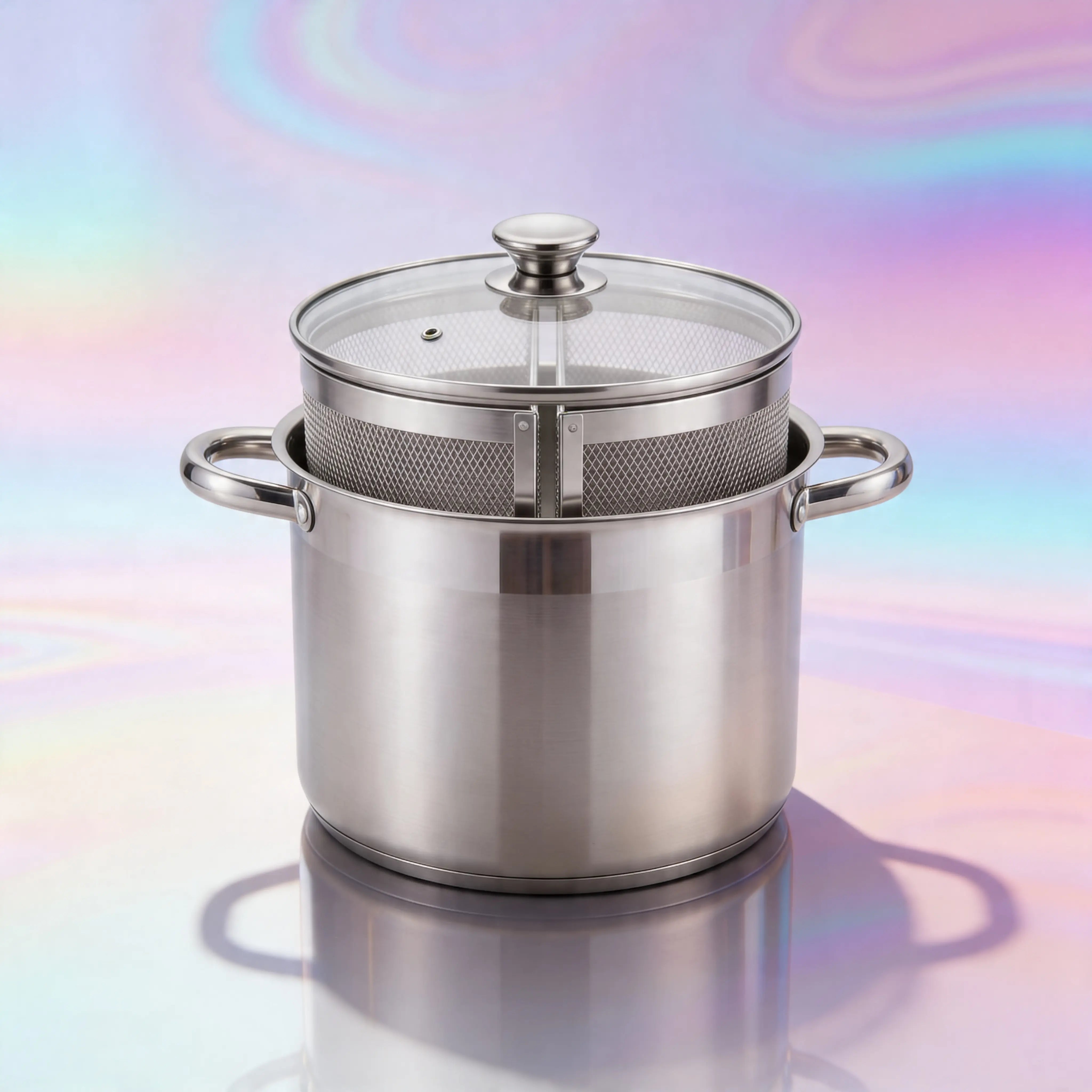 Pentola Doppio Cestello 6 Litri- Acciaio Inox 18/10, 2 Cestelli Estraibili, Coperchio Vetro, Fondo Triplo Induzione Uè Shop
