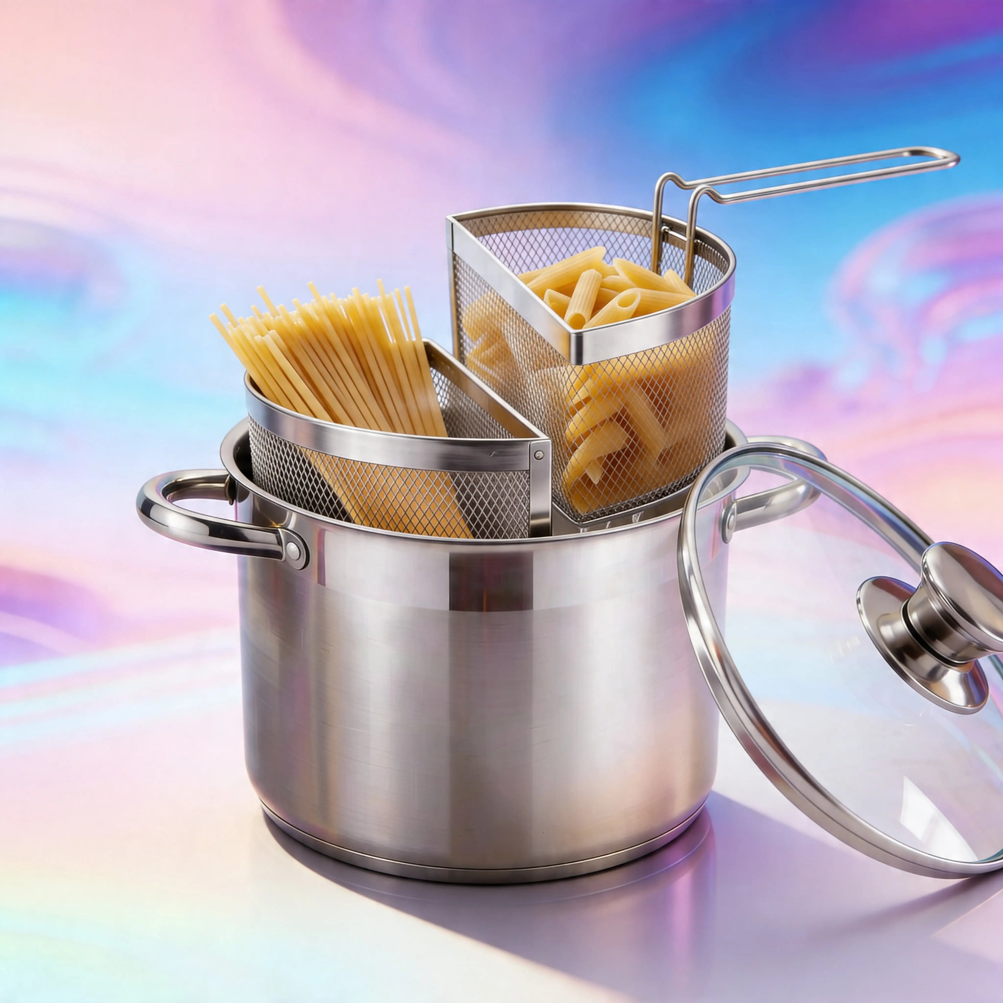 Pentola Doppio Cestello 6 Litri- Acciaio Inox 18/10, 2 Cestelli Estraibili, Coperchio Vetro, Fondo Triplo Induzione Uè Shop