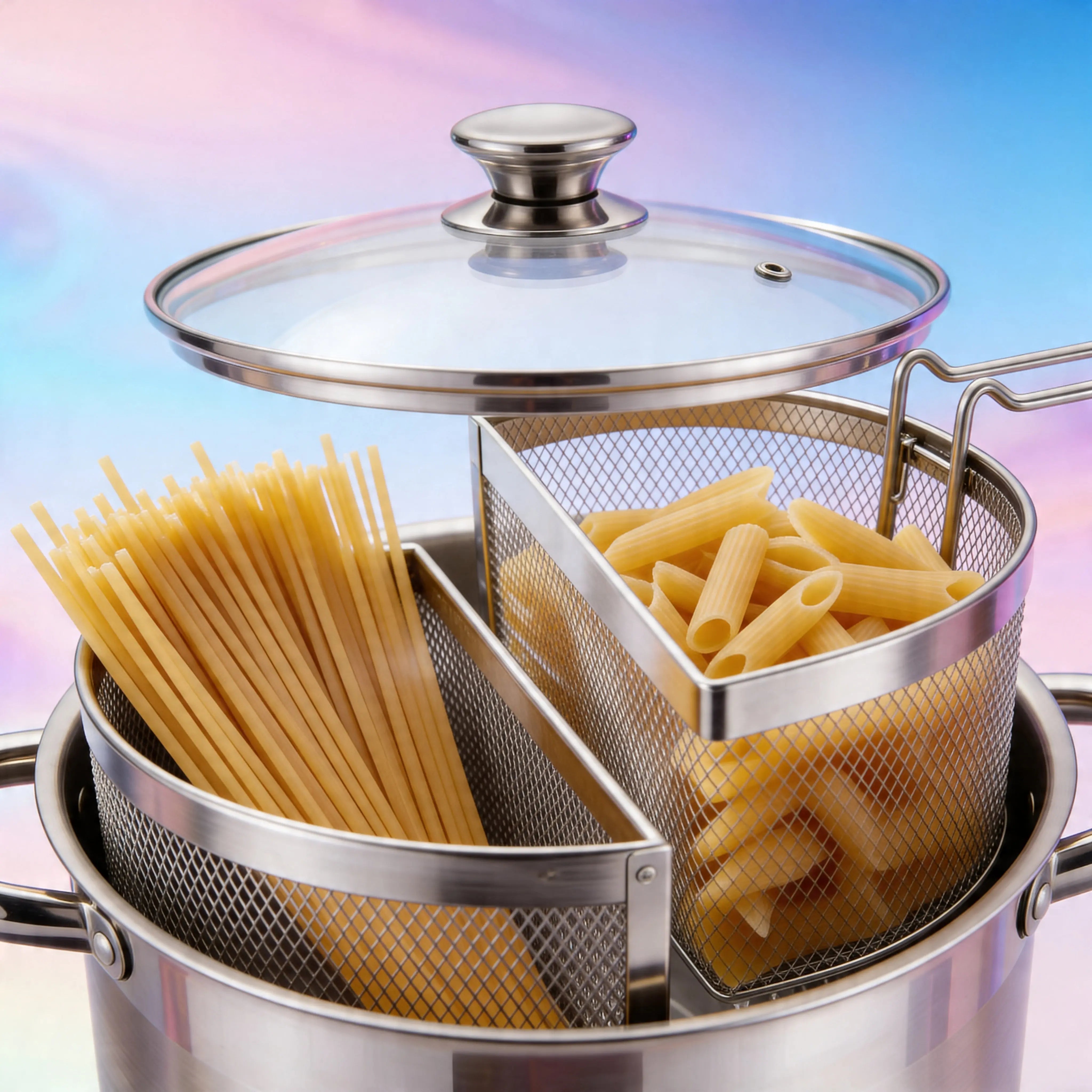 Pentola Doppio Cestello 6 Litri- Acciaio Inox 18/10, 2 Cestelli Estraibili, Coperchio Vetro, Fondo Triplo Induzione Uè Shop