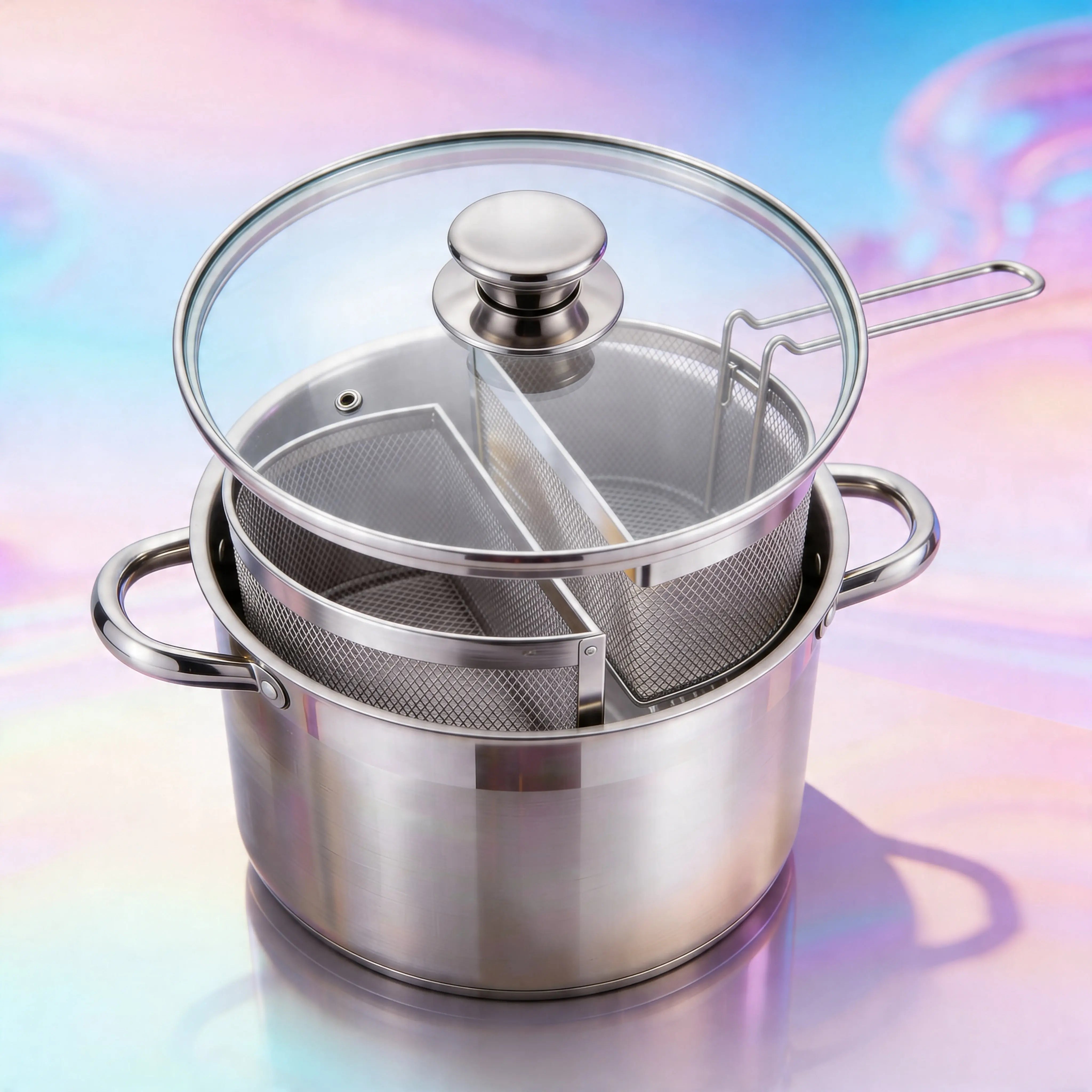 Pentola Doppio Cestello 6 Litri- Acciaio Inox 18/10, 2 Cestelli Estraibili, Coperchio Vetro, Fondo Triplo Induzione Uè Shop