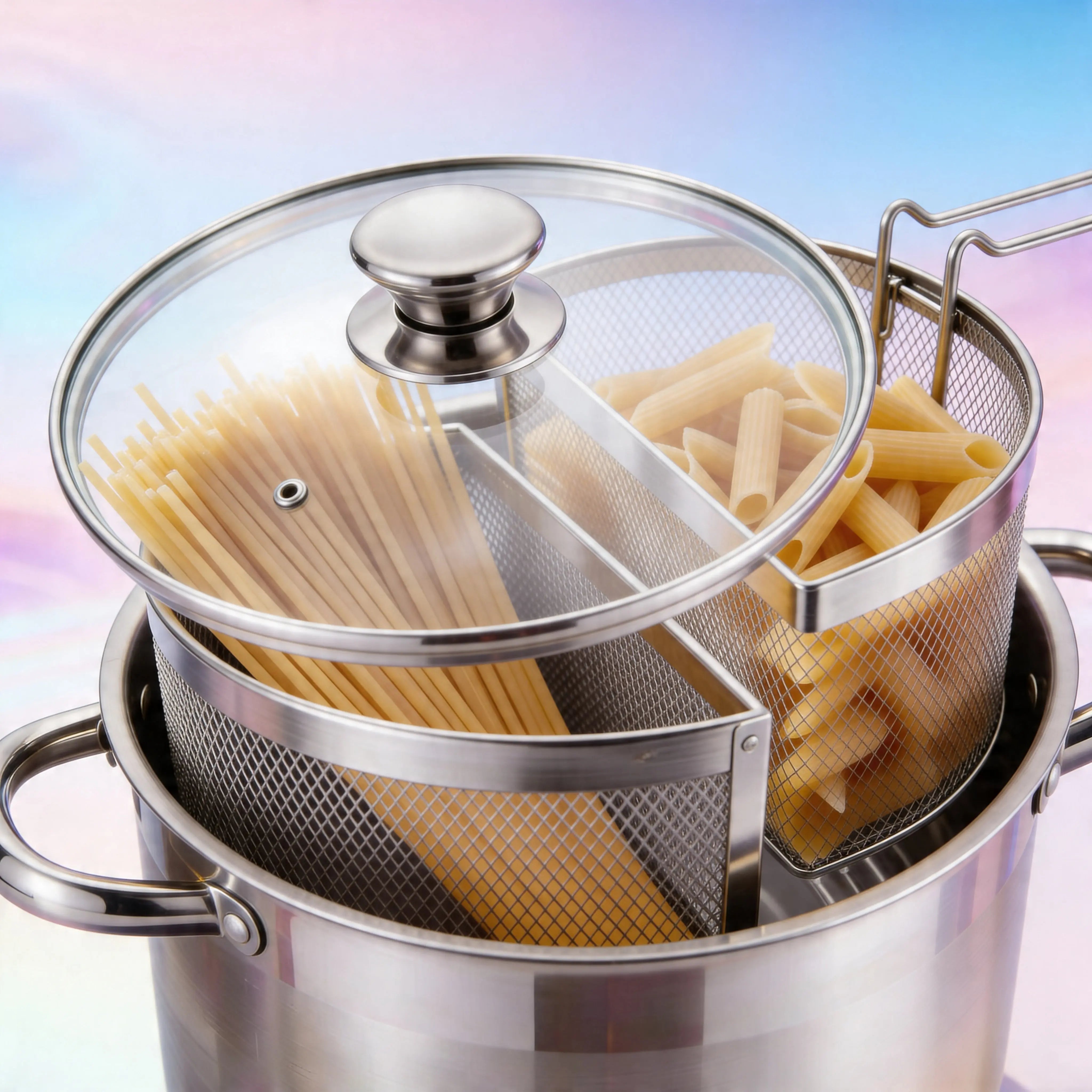 Pentola Doppio Cestello 6 Litri- Acciaio Inox 18/10, 2 Cestelli Estraibili, Coperchio Vetro, Fondo Triplo Induzione Uè Shop