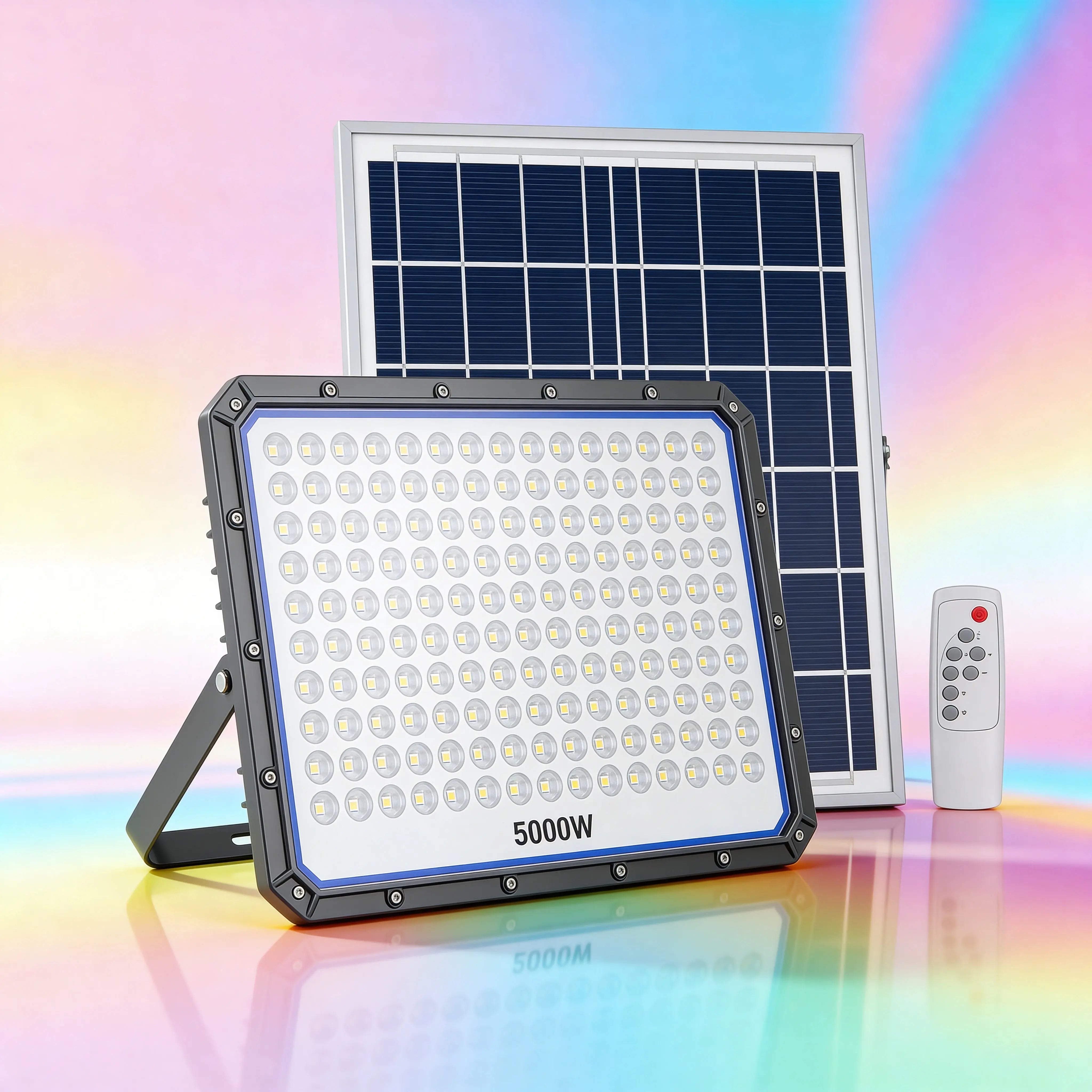 Faro Solare LED 5000W con Pannello Solare, 320 LED Ultra Luminosi, Luce Bianca Fredda 6500K, Telecomando Incluso, IP66 Impermeabile, Autonomia fino a 12 Ore Uè Shop