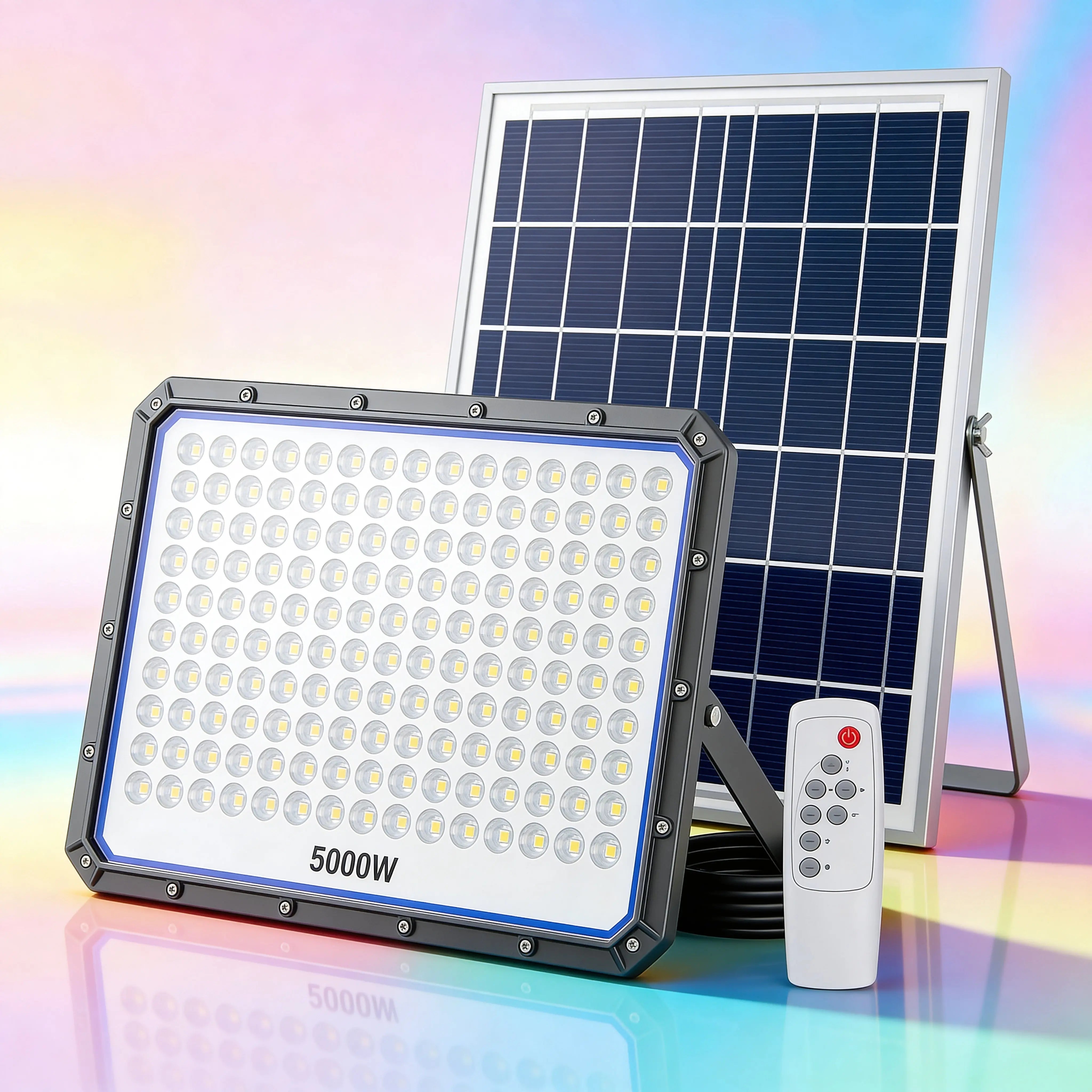 Faro Solare LED 5000W con Pannello Solare, 320 LED Ultra Luminosi, Luce Bianca Fredda 6500K, Telecomando Incluso, IP66 Impermeabile, Autonomia fino a 12 Ore Uè Shop