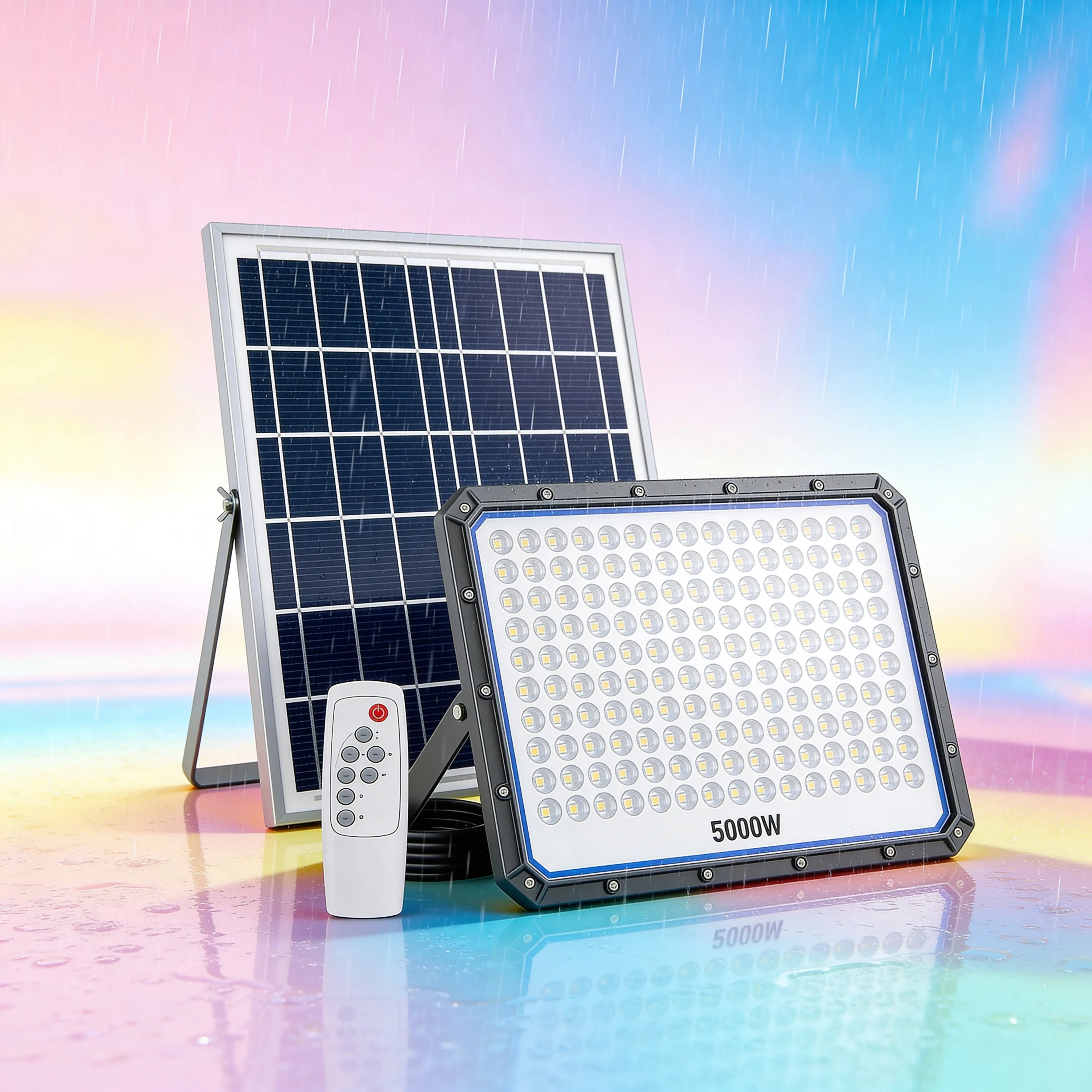 Faro Solare LED 5000W con Pannello Solare, 320 LED Ultra Luminosi, Luce Bianca Fredda 6500K, Telecomando Incluso, IP66 Impermeabile, Autonomia fino a 12 Ore Uè Shop