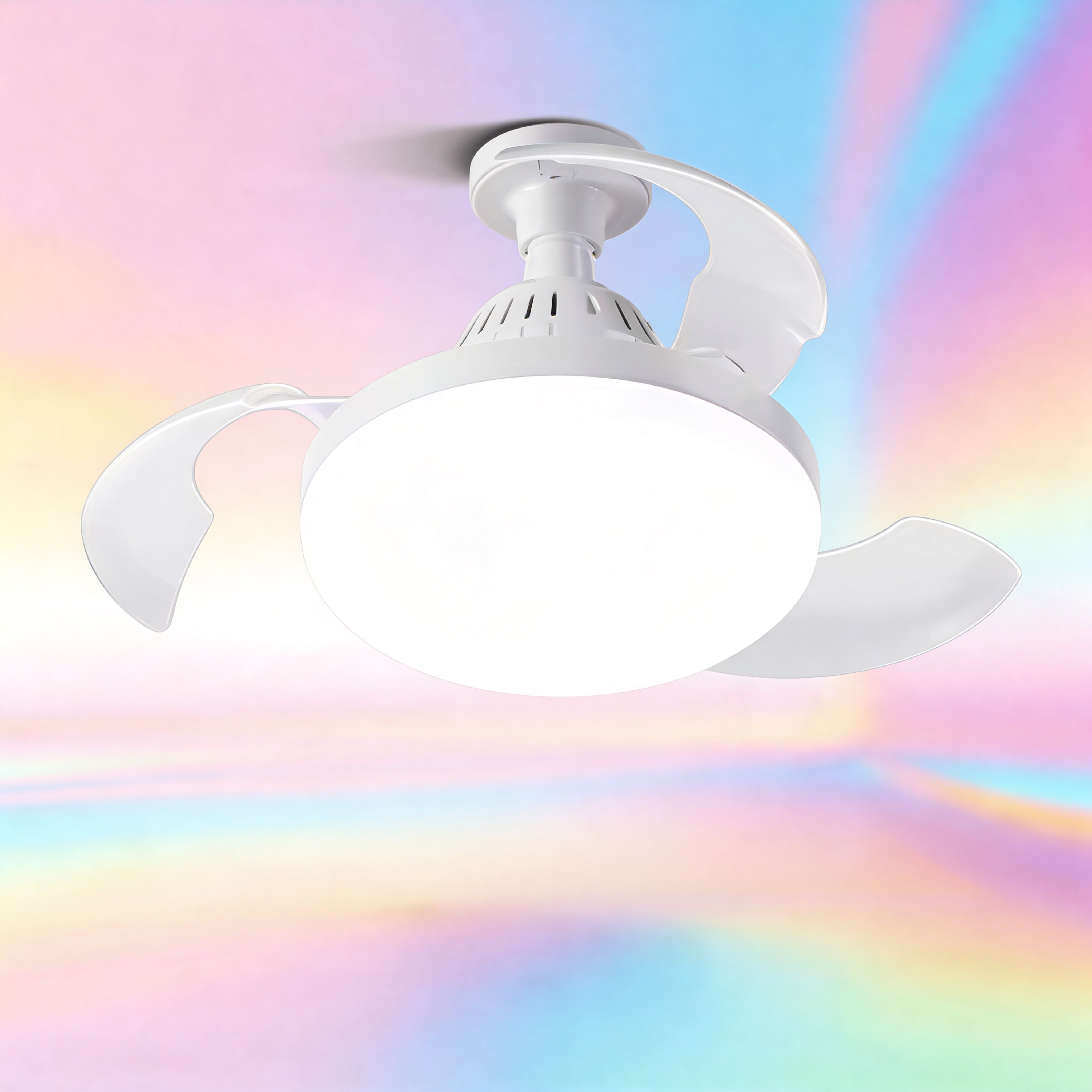 Ventilatore da soffitto LED con telecomando. Silenzioso, pale pieghevoli, 3 velocità, luce regolabile E27, installazione rapida Uè Shop