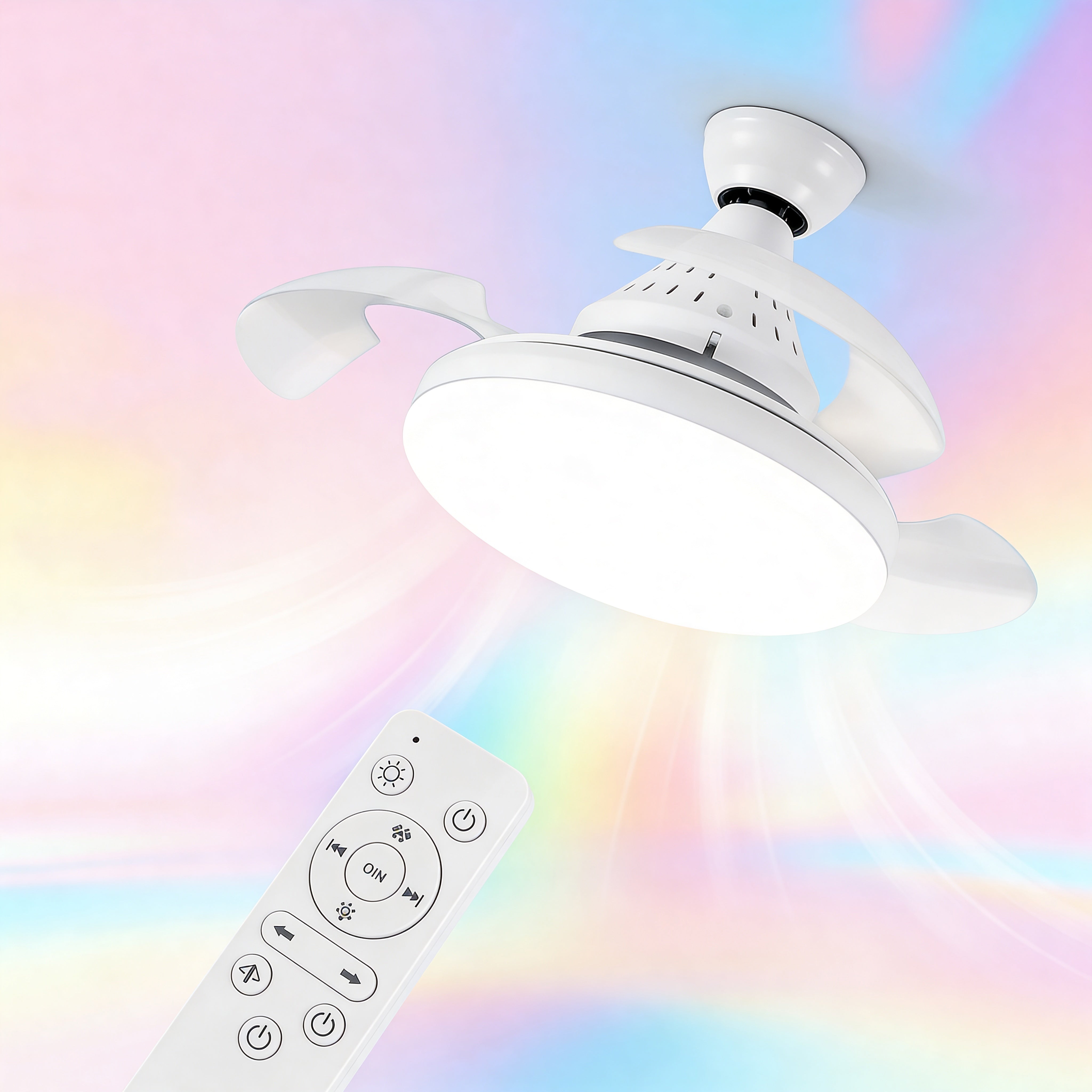 Ventilatore da soffitto LED con telecomando. Silenzioso, pale pieghevoli, 3 velocità, luce regolabile E27, installazione rapida Uè Shop