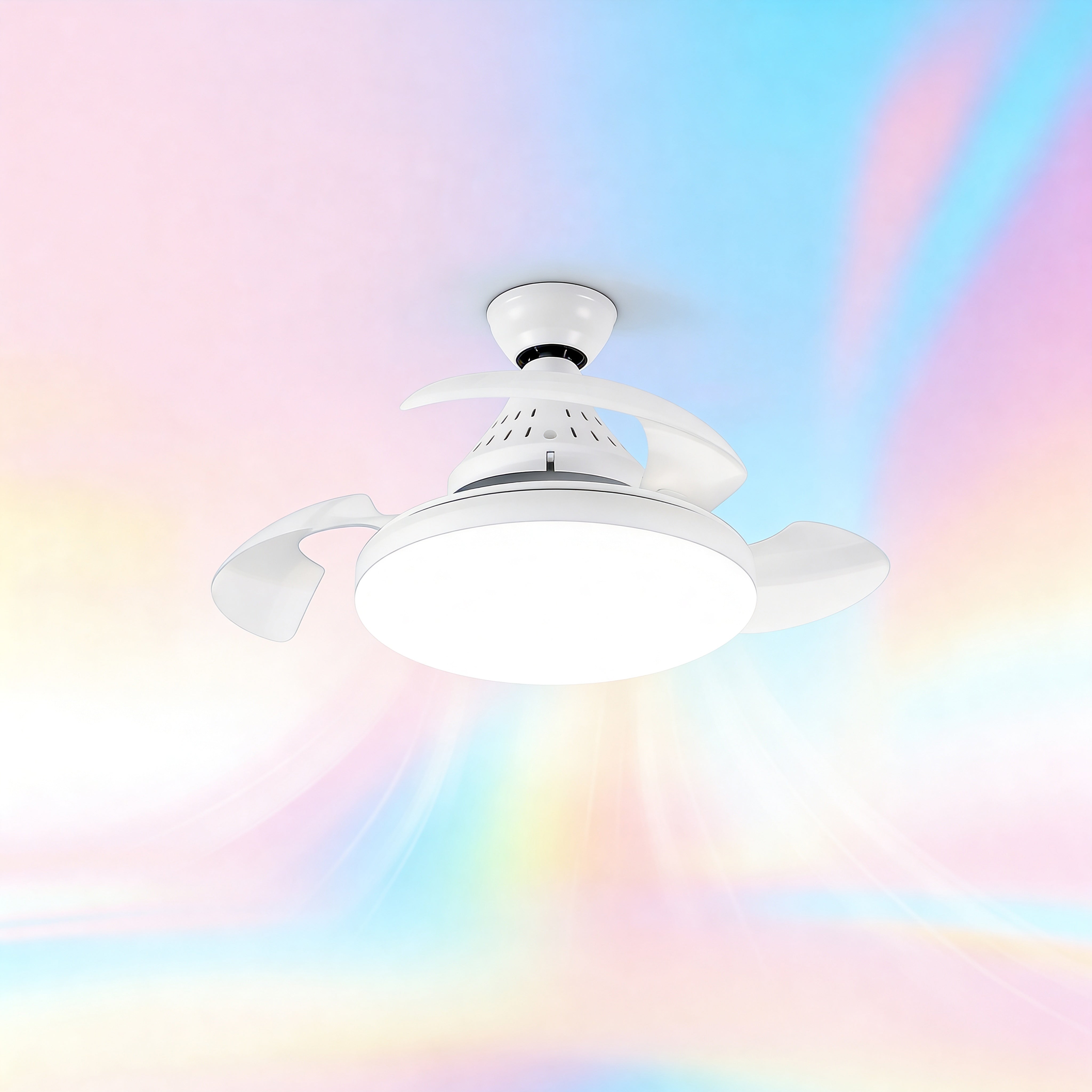 Ventilatore da soffitto LED con telecomando. Silenzioso, pale pieghevoli, 3 velocità, luce regolabile E27, installazione rapida Uè Shop
